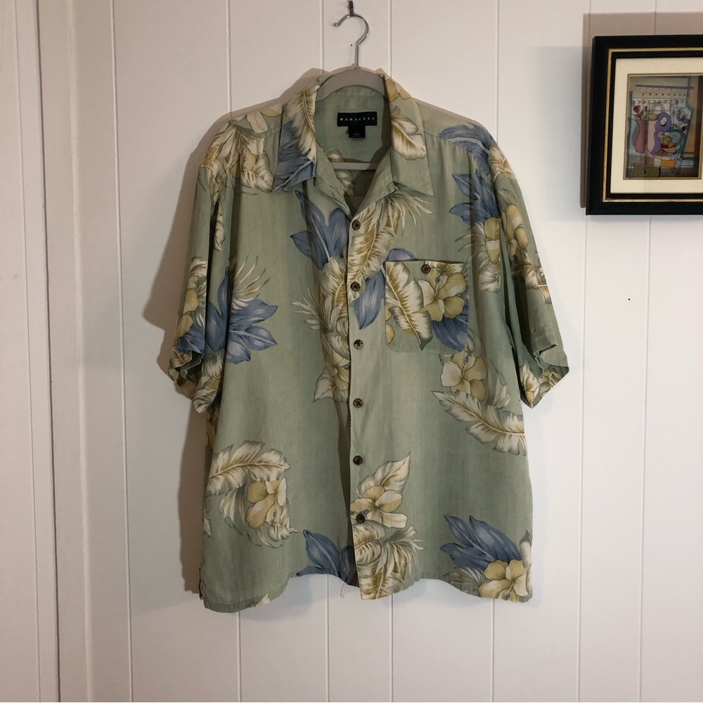 Baracuta Silk Tropical Flowers Hawaiian Sage Green Shirt XXL
